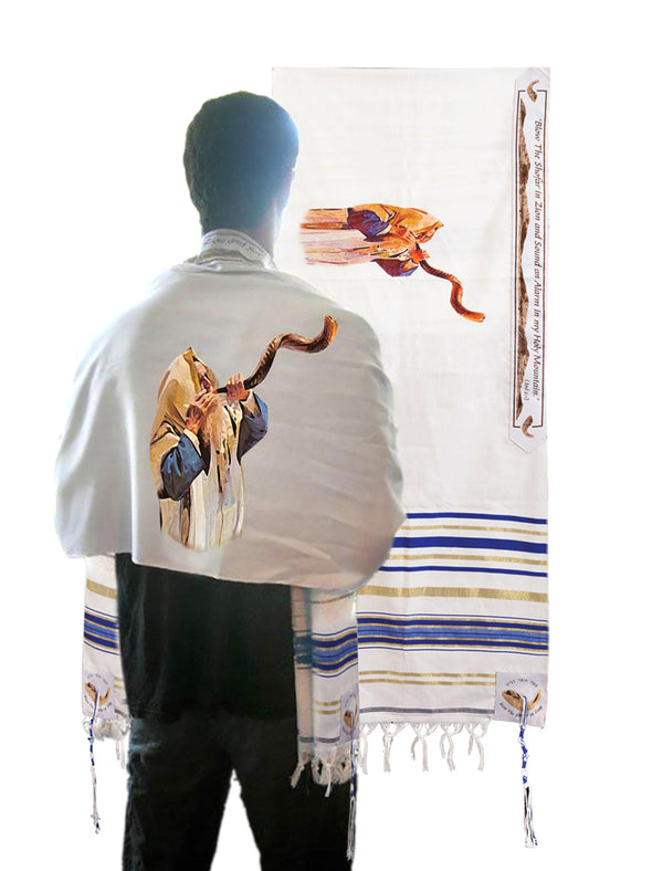 Gebedssjaal " Shofar " Blauw ( 163 cm x 59 cm )