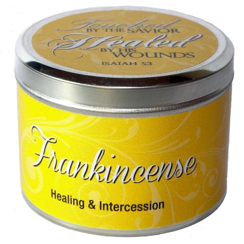 Geurkaars: Frankincense Geurkaars ( in blik )(7x5 cm) - "Door Zijn striemen genezen"