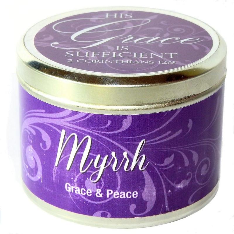 Geurkaars: Myrrh Geurkaars ( in blik ) (7x5 cm) - "Zijn genade is genoeg"