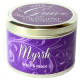 Geurkaars: Myrrh Geurkaars ( in blik ) (7x5 cm) - "Zijn genade is genoeg"